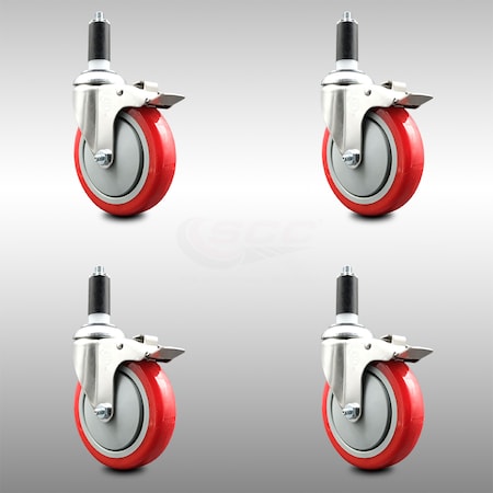Service Caster 5 Inch 316SS Red Poly Swivel 1-1/4 Inch Expanding Stem Caster Set Lock Brake SCC-SS316TTLEX20S514-PPUB-RED-114-4